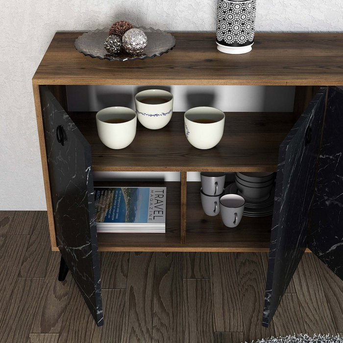 Hanah Home Consola Elite 1618, Mueble de Salón 180x80x45cm, Nogal y Mármol Negro, Diseño Bohemia y Antracita, Melamina 18mm